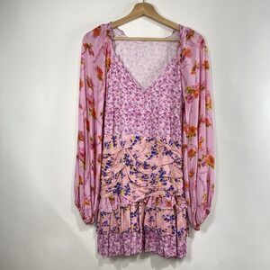 70/21 Womens Pink Floral Ruched Ruffle V Neck Balloon Sleeve Mini Dress Size S